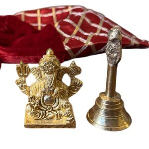 NWOT Solid Brass Ganesha Statue & Hand Bell Set | Hindu Puja Altar Decor